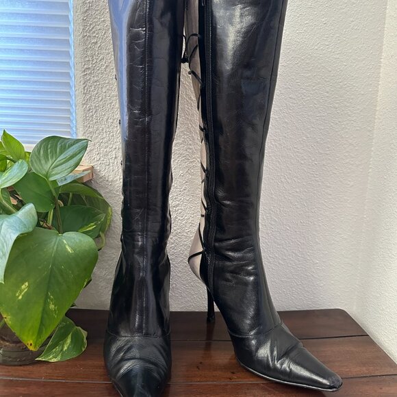 Vintage Black Leather White/Cream Suede w/Lace Detail Stiletto Boots - Picture 1 of 16